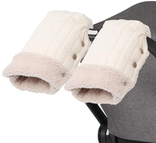 Gobesty Pram Hand Muff, Pram Gloves Hand Warmer, Pushchair Stroller Fleece Gloves, Hand Gloves Waterproof Anti-Freeze Extra Thick Warm Winter Universal Size for Pram Buggy Bicycle Trailer Off White