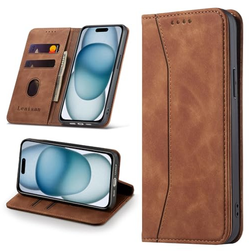 Leaisan Handyhülle für iPhone 15 Hülle Premium Leder Flip Klappbare Stoßfeste Magnetische [Standfunktion] [Kartenfächern] Schutzhülle für iPhone 15 Tasche - Braun