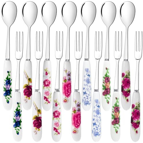 xlehoely 14 Pcs Dessert Forks and Spoons Silverware Set,Stainless Steel Cutlery Forks,Mini Coffee Spoons Pastry Forks with Porcelain Handles,Cake Fork Tea Spoons for Dessert Appetizers,Salad,Fruit