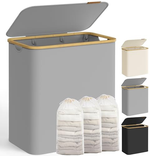 SONGMICS Wäschekorb mit Deckel, Wäschesammler mit 3 Fächern, 150 L, herausnehmbarer Wäschesack, Oxford-Gewebe, Griffe aus Bambus, zusammenklappbar, 60 x 38,5 x 70,5 cm, taubengrau LCB515G01