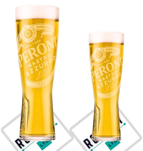 Roxley - Confezione combinata di 1 bicchiere da pinta Peroni e 1 bicchiere da mezza pinta Peroni | Bicchiere da 56 cl e 28 cl | Viene fornito con 2 tappetini da birra di marca
