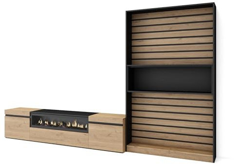 Skraut Home | Ensemble Meuble TV | Meuble Salon Complet | 310x186x35cm | pour Les TV jusqu'à 80 | Cheminée électrique | Style Moderne | Chêne et Noir