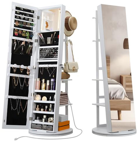 IRONCK 360° Swivel Jewelry Cabinet with Full-Length Mirror, Power Outlet
