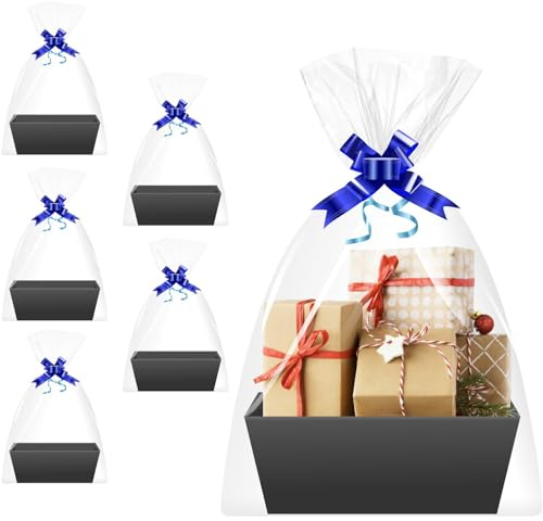 Geschenkkörbe Leer 5er Set Schwarz mit Folie & Schleifen aus Pappe | Komplettset mit 5 Geschenkkörben, Schrumpffolie und Schleifen – sofort befüllbar für Geschenke zu jedem Anlass