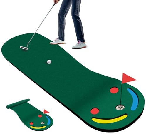 GYMAX Golf-Puttingmatte 300 x 96 cm, Golf Übungsmatte mit 3 Löchern, Trainingshilfebecher & Flagge, tragbare Golf Trainingsmatte mit Golfloch-Abdeckungen, Golfmatte für drinnen & draußen