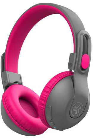 JLab JBuddies Studio 2 Kabellose On-Ear-Kinder-Kopfhörer, Grau/Rosa, 65+ Stunden Akkulaufzeit, Lautstärkesicher, Lautstärkeregler, faltbar, verstellbar, Geräuschisolierung, mit Mikrofon