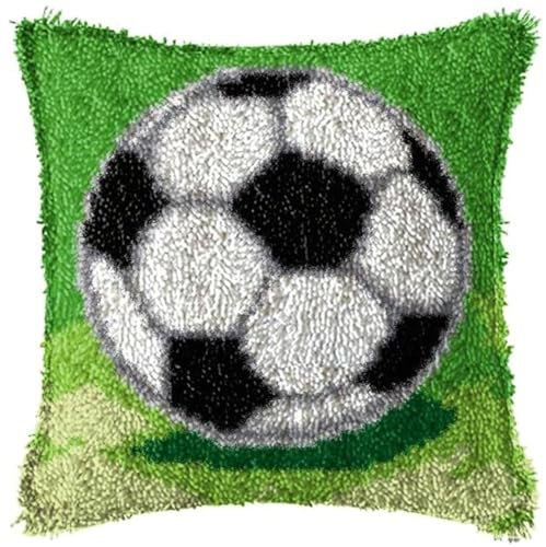 CAIRF Football Pattern Latch Hook Cushion Cover Latch Hook Kits Pillowcase Embroidery Kit Latch Hook Kit for Beginners Adults or Children, 43 X 43 cm