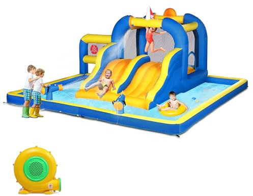 LEADZM Hüpfburg für Kinder mit Gebläse, Wasserrutsche Planschbecken mit Doppelrutsche, Sprungzone, Ziel, Wasserpistole, Wasserpark Maximale Belastung 150 kg, 470 x 472 x 225 cm