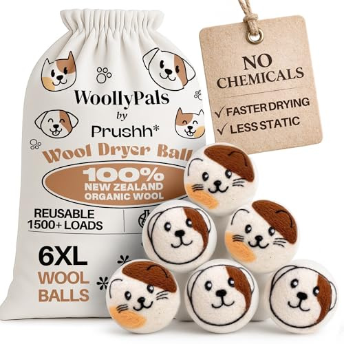 WoollyPals Trocknerbälle aus Wolle, Größe XL, 100 % neuseeländische Bio-Wolle, nachhaltig und umweltfreundlich, trocknen 1.000 Ladungen, ersetzt Trocknerblätter, reduziert statische Haftung,