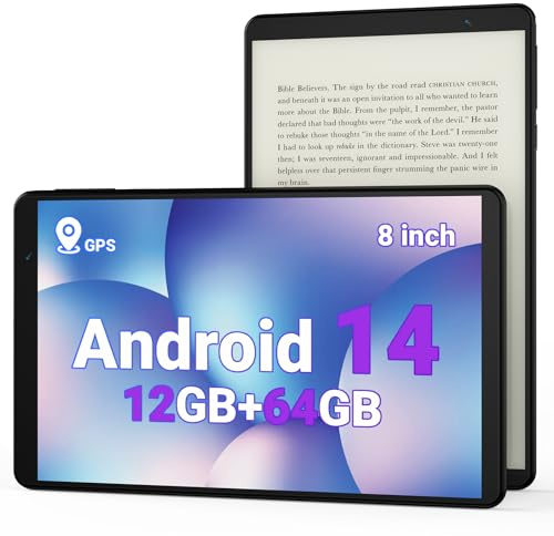 Tablette 8, Android 14 avec GPS intégré, liseuse, 12 Go de RAM, 64 Go de ROM (extension de 1 To), appareil photo 8 MP, processeur 2,0 GHz, Wi-Fi 2,4 GHz et 5 GHz/BT5.0, tablettes N8 avec écran FHD
