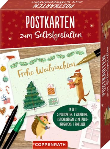 Postkarten zum Selbstgestalten: Frohe Weihnachten: Alles-drin-Set mit 5 Postkarten, 3 Stiften, Schablone und Stickersheet für kreatives Gestalten