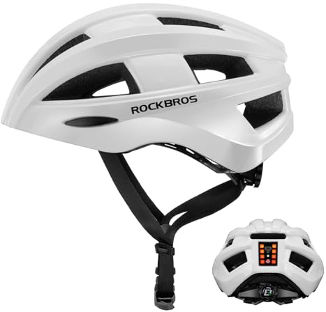 ROCKBROS Casco Bici Uomo Donna, Casco da Bicicletta con Luce di LED 3 Modalità Ricaricabile Antiurto Traspirante per MTB Ciclismo Corsa, Taglia Regolabile 55-60 cm, Bianco