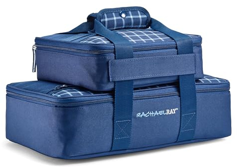 Rachael Ray Lugger Duo, Insulated Casserole Carrier for Hot or Cold Food, Thermal Lasanga Lugger Tote for Potluck, Parties, Picnic, and Cookouts, Fits 9 x 13 Baking Dish, Navy Gingham