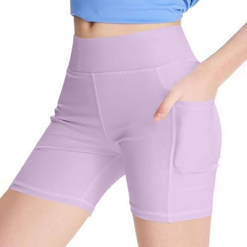 XINYUNZU Mädchen Kurze Leggings mit Taschen Radlerhose High Waist Yoga Sport Shorts Sommer Kurze Hose Einfarbig Sportleggins Kurz Kinder und Teenager Lila 10 Jahre