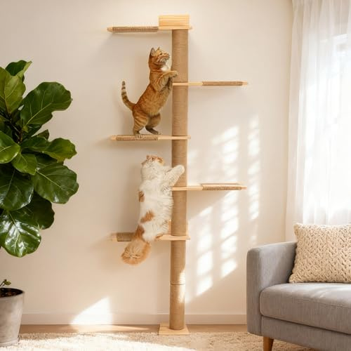 Kratzbaum 205cm, höhenverstellbar, 5 Etagen, Massivholz | Groß Kletterwand Katzen mit Sisalauflage, Wandmontiert für Mehrstabilität, Für aktive & große Katzen, Werkzeug inkl.