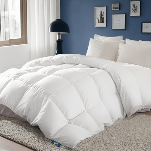 Serta European Down Comforter Queen Size All Season, 100% Cotton, 600 Fill Power Extra Fluffy, Made in USA, White Down Duvet Insert, Lightweight Medium Warmth, Hotel Style, 90x 90 White