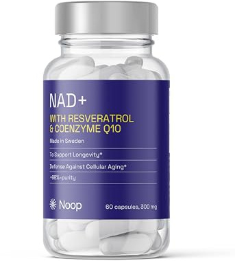 Noop NAD+ Kosttillskott med Resveratrol & CoQ10 (Koenzym Q10), 450mg, 2 månaders kur, Anti-aging tillskott, Energitillskott för cellförnyelse, Mitokondriell hälsa - 60 veganska kapslar
