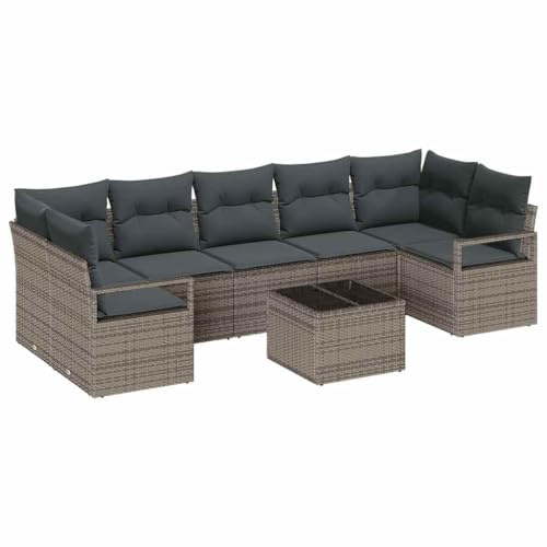 vidaXL Trädgårdsoffset med kudde 8 pcs Grå Konstrotting, Stål och Glas, Trädgårdsoffor, rektangulära, lätta, moderna moduler, UV-skydd, förvaring, perfekt för utomhus