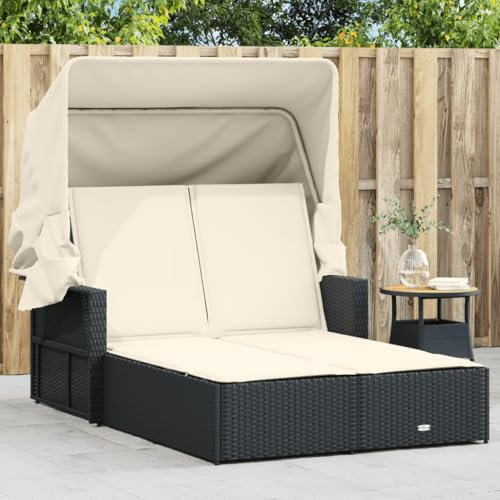 Snsowed Doppel-Sonnenliege mit Dach und Auflagen Schwarz Poly Rattan, Gartenliege, Liegestuhl, Sonnenstuhl, Sonneninsel Outdoor, Liegen, Gartenmöbel, Bäderliege, Relaxliege - 365806
