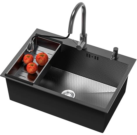 Lavandino Cucina in Acciaio Inox 80x50cm Piano di Lavoro o sottotop Lavello con Kit di scarico,Stile Moderno Lavabo Da Incasso a una vasca Fatto A Mano,per Camper,Lavanderia