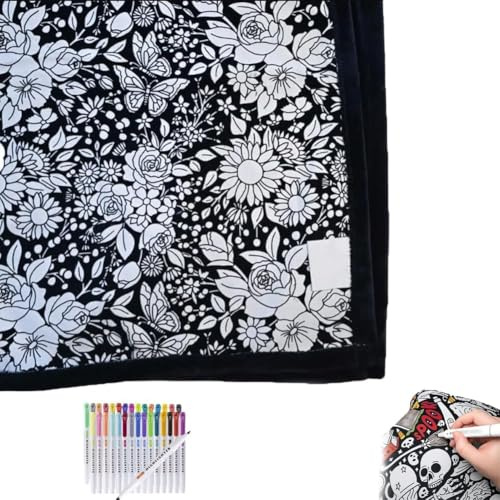 HiCWX DIY Coloring Blanket, Coloring Blankets for Adults, Color Your Own Blankets, Creative Personalized Drawing Art Project, Soft Cozy Fleece Drawing Throw Bedroom Decor (Flower, With 25Pens)