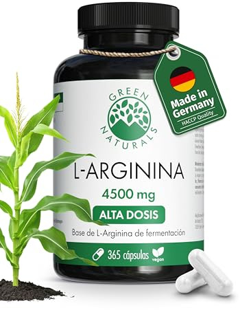 Green Naturals® L-Arginina – Alta dosis 4.500 mg por dosis diaria – L-arginina base pura procedente de fermentación natural – 100% vegana & sin aditivos – 365 cápsulas (60 días)