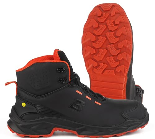 BWOLF FALCON HI S3S Zapatos de trabajo para hombre - Piel lisa negra con puntera de aluminio, entresuela Kevlar, protección ESD