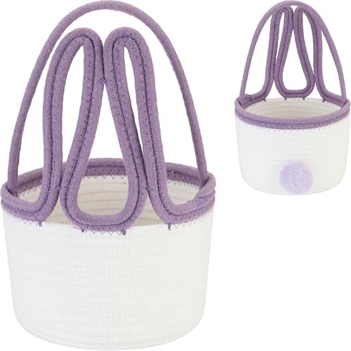 Sea Team Easter Bunny Basket for Egg Hunt, Easter Eggs Bucket, Container, Organizer, Small Woven Cotton Rope Tote Bag with Rabbit Ears & Tail, Easter Days Decoration, Party, Holidays, Lavender Ears