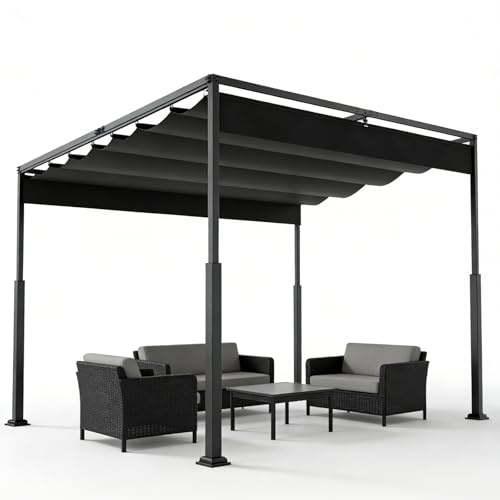 Ferzone Metall Pergola 3x3m mit Schiebedach PA-beschichtetem Polyester UV Schutz, Gartenpavillon Wasserdicht mit stabilem Stahlgestell, Terrassendachung Sonnenschutz für Terrasse Balkon, Schwarz