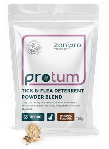 Zanipro Polvo disuasorio natural de garrapatas y pulgas para perros, mezcla preventiva diaria con levadura de cerveza y tiamina, sabor original a hierbas, 100 g