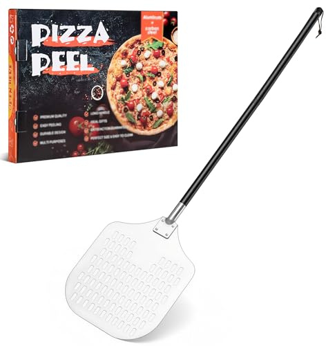 Herogo 12 Inch Pizza Turning Peel, Aluminum Large Perforated Pizza Paddle | Rectangle Pizza Peel with Long Detachable Handle, Turning Peel Shovel for Oven Grill BBQ, Easy to Clean