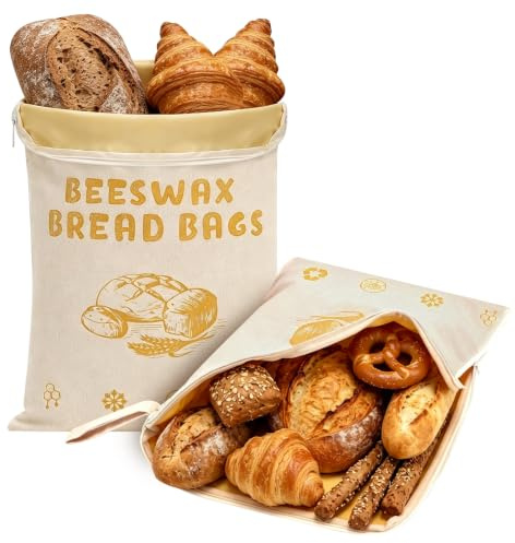 VERTOYCO 2 Stück Bienenwachs Brotbeutel, Wiederverwendbarer Brotsack 31x42cm, Leinen Brotbeutel mit L-Reißverschluss, Brot Frischhaltebeutel zur Frischhaltung von Sauerteigbrot & Selbstgebackenem Brot