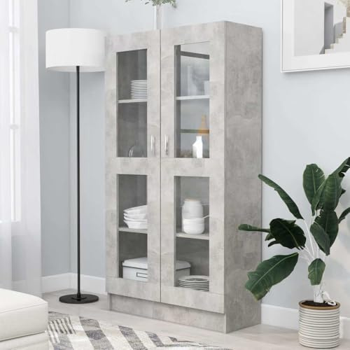 Generisch Vitrinenschrank Betongrau 82,5x30,5x150 cm Holzwerkstoff mit 4 Fächern und 2 Türen, Standvitrine als Bücherregal für Zeitschriften, Bücher, DVDs und Dekoration