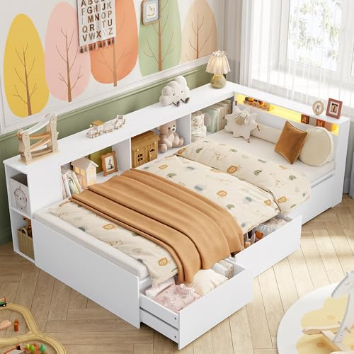 FOREHILL Cama Montessori 90 x 200 cm Cama Infantil con Iluminación LED, Camas Juvenil Individual con 3 Cajones y Estanterías Ajustable, Dormitorio Juvenil con Canapé (Sin Colchón), Blanco