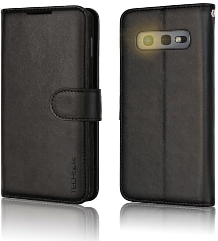 TECHGEAR Galaxy S10 plånboksfodral i läder, flip skyddsfodral med RFID-blockerande kortplatser, ställ och handledsrem – svart PU-läder designat för Samsung Galaxy S10
