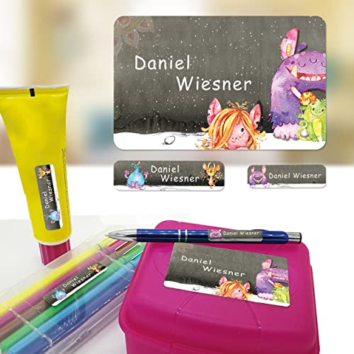 Set Monster personalisiert wasserfest Schule Kita Kinder | 79 Sticker in 3 Größen für Stifte Brotdose Trinkflasche Bücher Hefte Federmappe Schulranzen Kindergarten Eigentum Alltag