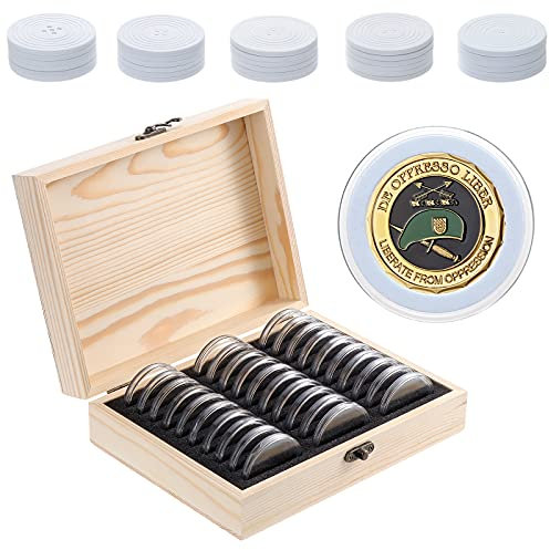 HonGien Münzbox aus Holz, Münzhalter aus Holz mit 30 Stück Runden Kunststoff-Münzkapseln, Münzschutzbox für Münzsammler für Münzen 20mm/25mm/30mm/35mm/40mm