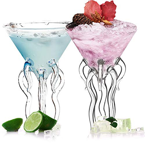 SLHOWOW Octopus Jellyfish Wine Cups, 5oz Clear Glass Cocktail Drinking Glasses Set for Champagne, Juice, Coffee