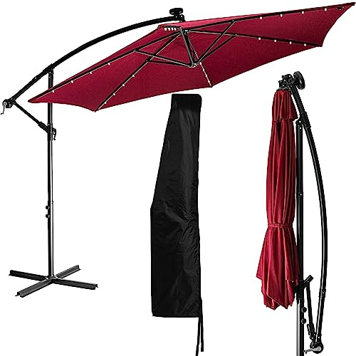 STILISTA Ampelschirm 350 cm mit LED Beleuchtung und Kurbelvorrichtung, inklusive Abdeckung, rot