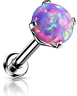 Paula & Fritz® Push-In Labret Piercing Kugel Opal 4-mm Lila Titan-IUM Grade 23 Piercing 1,2-mm Stab-Dicke 6-mm Lang Madonna Medusa Monroe Tragus Helix