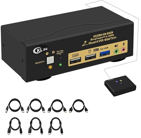 CKLau 2 Port USB 3.0 Dual Monitor KVM Switch Displayport 1.4 + HDMI 2.1 Supports 8K @ 60Hz, 4K @ 144Hz with Audio Output and All Input Cables
