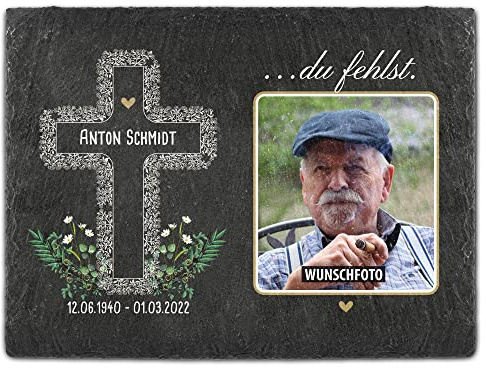 Schieferplatte selbst gestalten - Gedenktafel mit Foto, Name & Datum bedrucken - Kreuz mit Blumen - du fehlst - Grabtafel, Grabschmuck | Schiefertafel 20x30 cm
