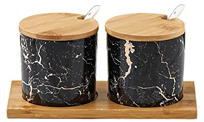 ZHDOKA 2 barattoli di condimento con coperchi e cucchiai, barattolo di ceramica in marmo con vassoio in legno, contenitore per spezie (nero)