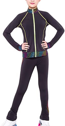 Songyi Mädchen Damen Eiskunstlauf Hose und Jacke, Performance Tights Hose Kinder Eiskunstlaufhose Skate Dressing Tights Leggings(Size:XXS,Color:Schwarz-Fleece)