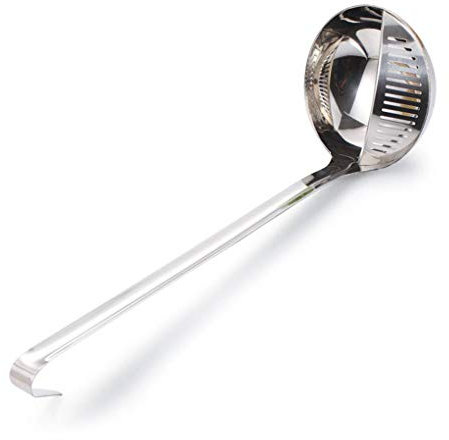 Louche à soupe 2 en 1 en acier inoxydable à long manche en forme de cuillère écumoire en maille, outil de cuisine, argenté