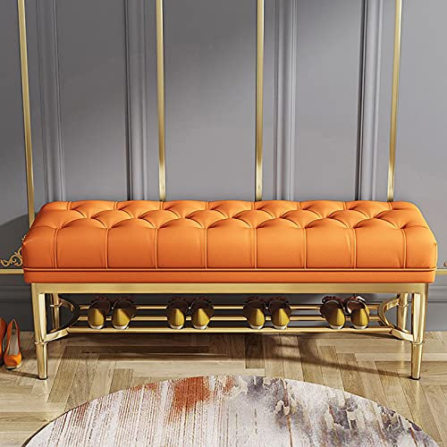 Premium-Lederbank für den Eingangsbereich mit goldenem Schuhregal, mit Knöpfen gepolstertes Ende der Bettbank, moderne Flur-Schuhbank, Schuhaufbewahrung, Orange, 70 x 33 x 48 cm
