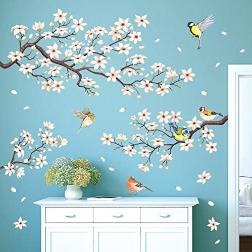 DECOWALL SG2-2304 White Cherry Blossom Branch Wall Stickers Flower Birds Wall Decals Bedroom Living Room TV DIY Wall Home Décor