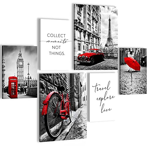 Novart Wandbilder Set London Paris Städte Schwarz Rot - KEIN EXTRA RAHMEN BENÖTIGT - Modern Deko - Wohnzimmer Schlafzimmer N024563a