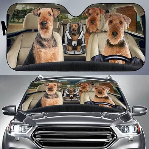 Frontscheibenabdeckung Lustiges Airedale-Terrier-Hundefamilien-Fahren Auto Windschutzscheiben Abdeckung Wasserbeständig Frontscheibe Windschutzscheibe Schutz Für Sommer Lieferwagen