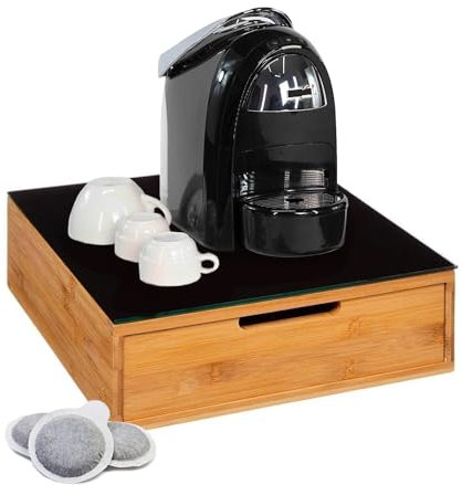 Avilia Cassetto Porta Cialde e Capsule in Bambù con Ripiano in Vetro Temperato nero, 31.5x30x10 cm, Ideale per Organizzare Caffè, Tè e Tisane